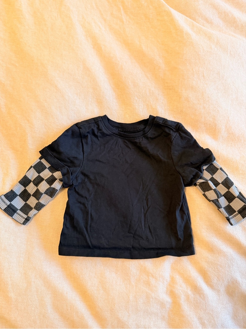 Old Navy Black Tee with Black-and-White Checkered Layered Sleeves